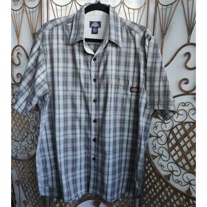 Authentic Dickies Mens Plaid Button Up Short‎ Sleeve Shirt Cotton Gray Size XL